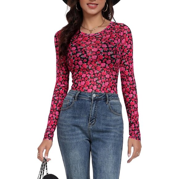 🆕 Women Red Floral Mesh Top Crew Neck Long Sleeve Fitted Sexy Out Tee Shirts - Picture 2 of 7
